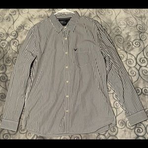 American Eagle Outfitters Grey/White Striped Button Long Sleeve Shirt!